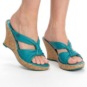 Born Turquoise Leather Cork Wedge Sandals Size 7